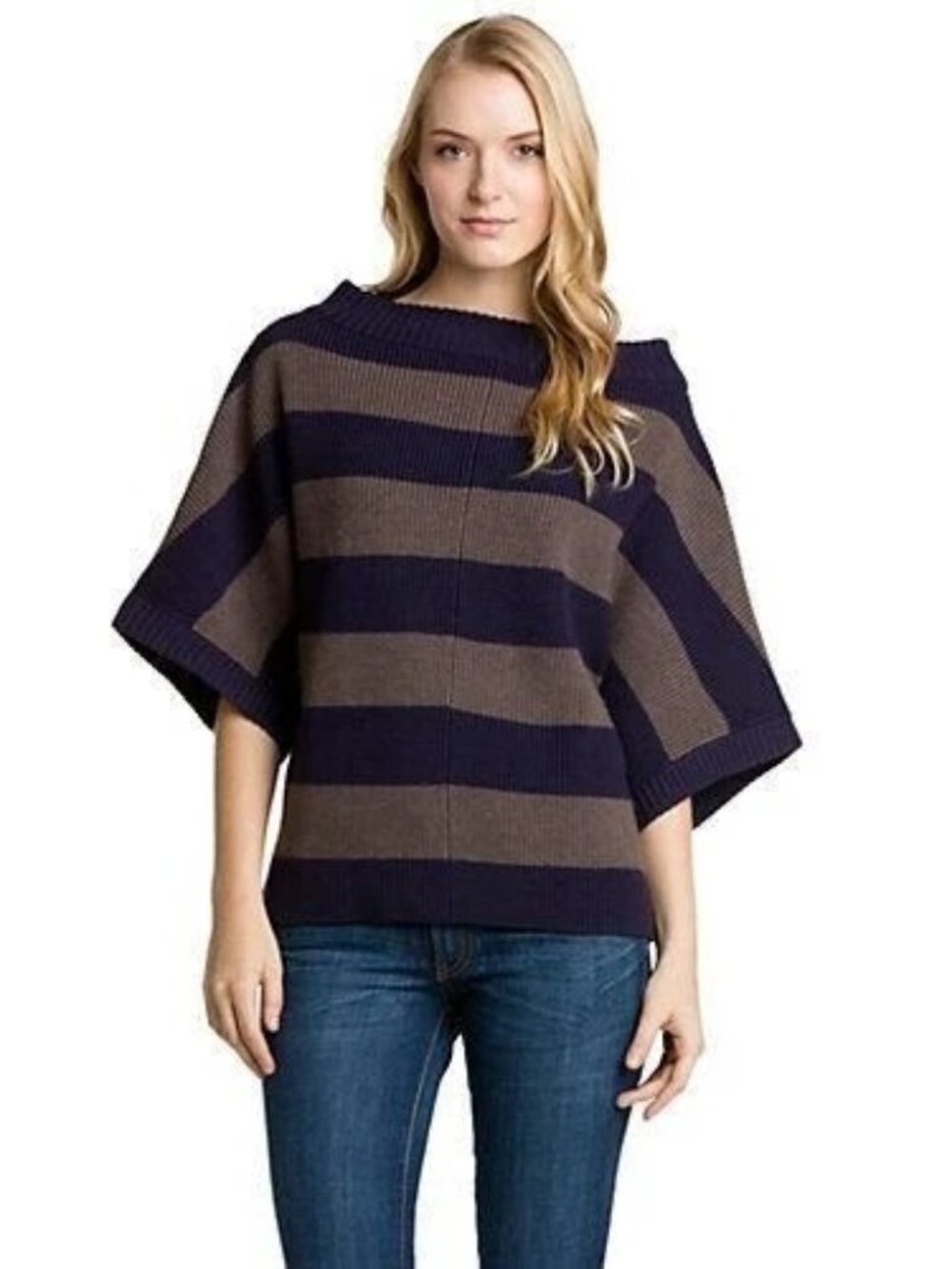 Tory Burch Size Medium 100% Wool Oversized Wool Short Sleeve Striped Sweater
